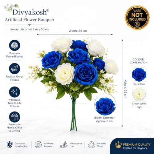 Image of Divyakosh Artificial Flowers Bunch (Vase Not Included). Artificial Flower for Vase, 5 Royal Blue & 5 Cream White Peony Bouquet, Artificial Flower for Living Room Office Dining Table