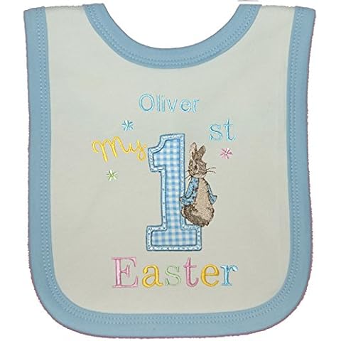 Boy?s Personalised 1st Little Rabbit Easter Bib. (White-Blue Trim) Cover