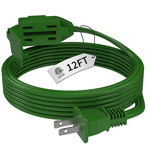 PLUGTUL 12FT Green Indoor Extension Cord, 16 Gauge 2 Prong