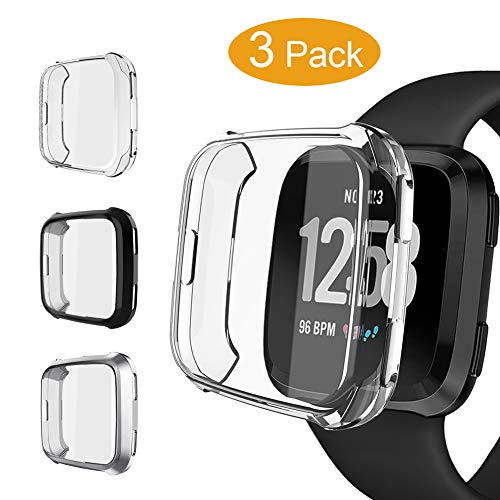 3 Packs Case Compatible Fit bit Versa, Pedfsy Soft Ultra Slim Full Cover [Scratch-Proof] Screen Protector Rugged Case for Fit bit Versa, Clear, Black, Silver