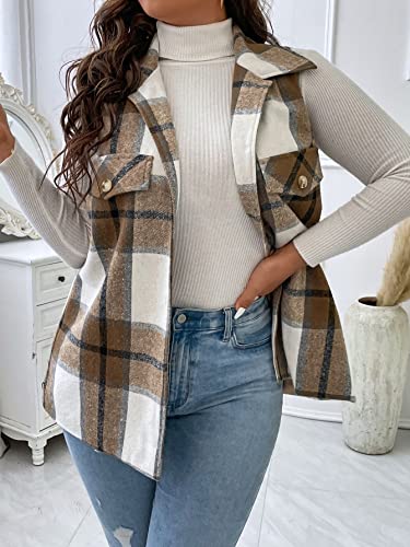 Makemechic Women's Plus Size Plaid Vest Coat Button Down Sleeveless Coat Jacket Outerwear Plus Mocha Brown 0Xl #TOP4