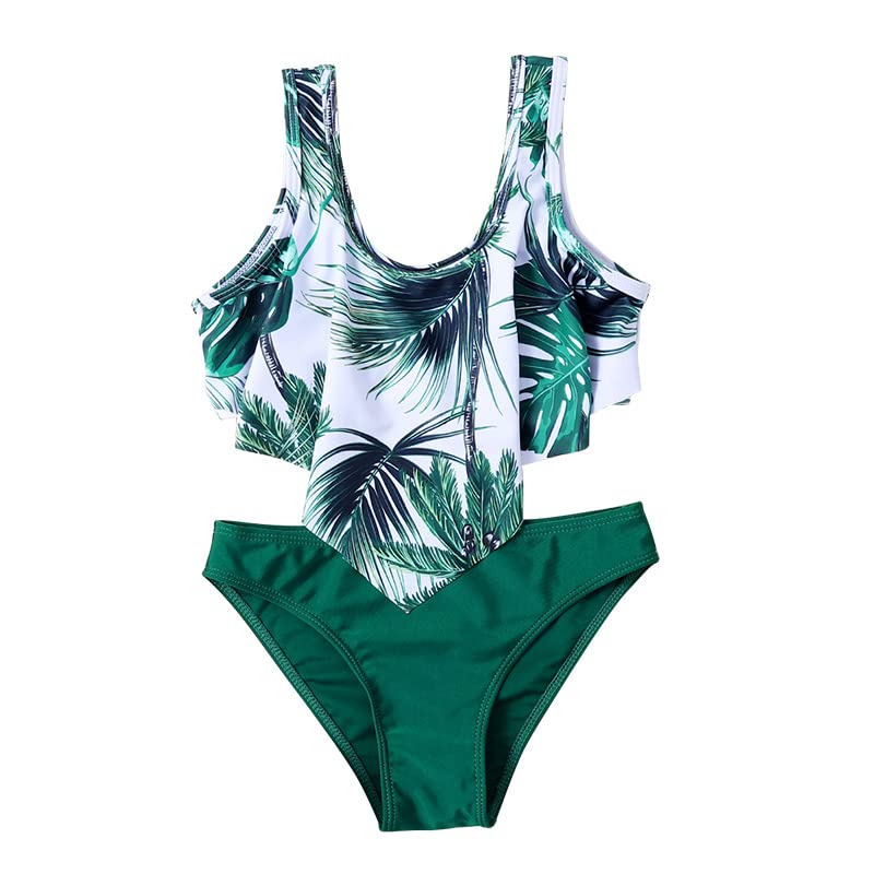 VOGUSON Girls Swimsuit 2 Piece Bikini Set Girls' Ruffle Swimwear Tropical Coconut Tree 12-14 Year