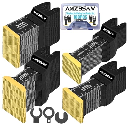 Image of AMZBSAW 100PCS Titanium Oscillating Multitool Blades Metal Cutting, Multi Tool Blades Kits for Metal Nails Wood Plastic and Hard Material, Saw Blades Fit Milwaukee Ryobi Dewalt Bosch, 4 Types