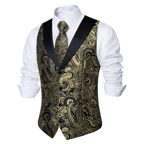 Image of DiBanGu Mens Paisley Suit Vest Silk Jacquard Waistcoat and Necktie Set Formal Shawl Collar Dress Vest 7PCS for Wedding Party