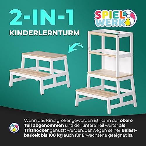 Foto von Spielwerk® Lernturm Kinder ab 2 Jahren 100kg Belastbar Kieferholz Integrierte Tafel Tritthocker Schemel Küchenhelfer 50x51x93cm Natur Weiß