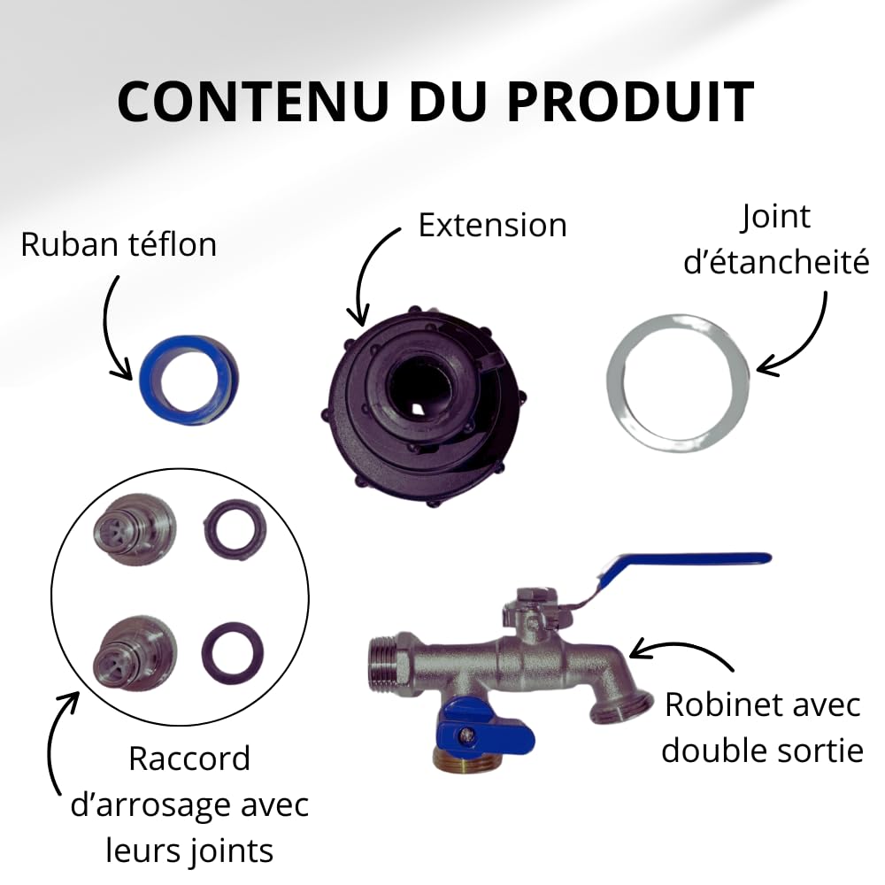 Robinet Cuve 1000L 1/2 S60X6 IBC- Extension Intégrée, raccord cuve 1000 litres, Double Sortie avec Rallonge Raccord Rapide & Étanche – Idéal pour Jardinage, Remplissage et Arrosage simultané
