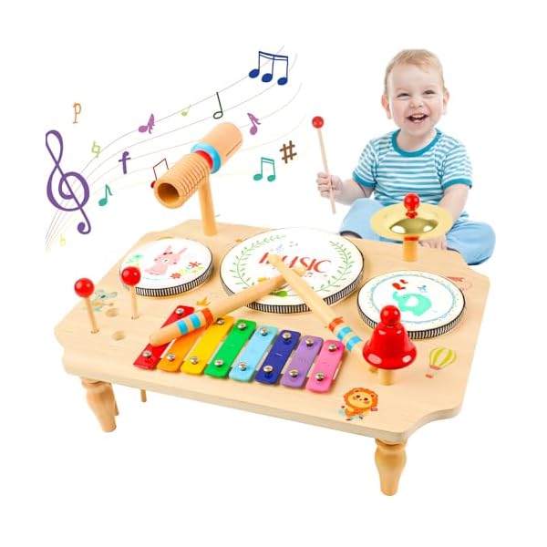 Baby Drum Kit Wooden Toys for 1 Year Old Boys Girls, Baby Musical Instruments Xylophone Drum Set, Toddlers Musical Toys for 1 2 3 Year Old, Baby Birthday Gifts (3 Drums Edition)