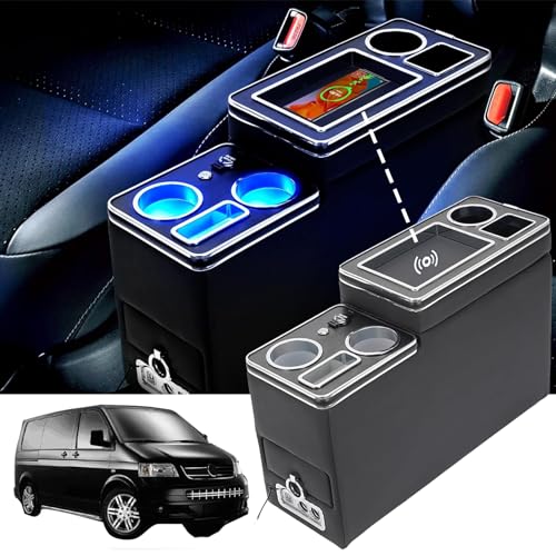 QSULNN Upgrade Mittelkonsole mit Ablagen Staufach Kompatibel mit VW T4 T5 T6 T6.1 T7 Alle Modelle ab 2003-2019, Schwarz Leder Zubehör mit Kabellosem Induktivem Laden, USB- und LED-Leuchten