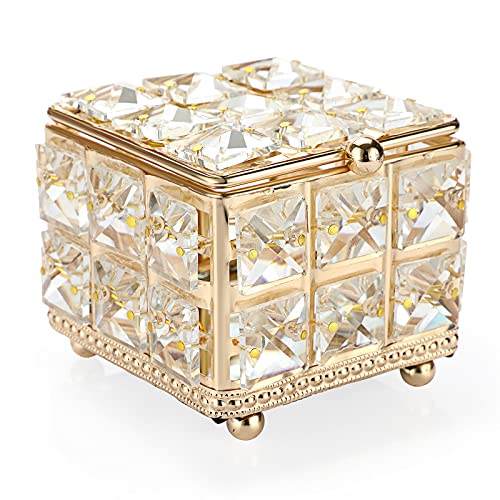 ELLDOO Portagioie quadrato in cristallo, organizer per gioielli, con coperchio, orecchini, anelli, vintage, per San Valentino, matrimonio, cassettiera, decorazione camera da letto, oro