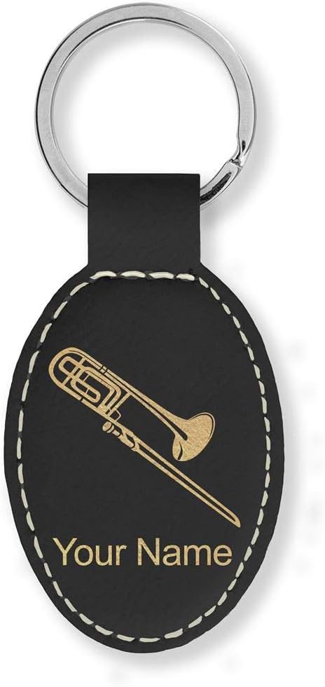 LaserGram Oval Keychain, Trombone, Personalized Engraving Included (Black with Gold)