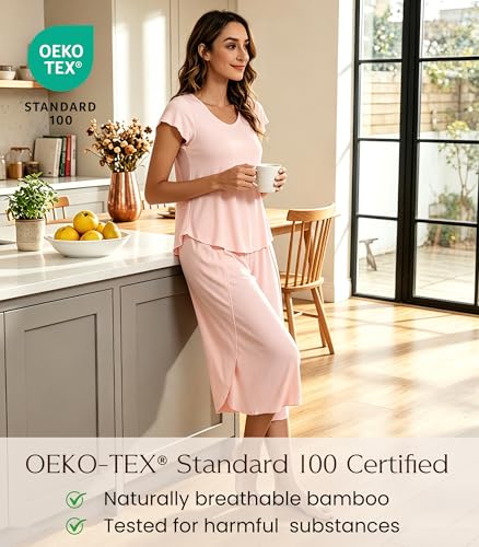 Image of NACHILA Women's Pajamas Set-Viscose Made from Bamboo,Short Sleeve Sleepwear Soft Pjs with Capri Pants Loose Loungewear