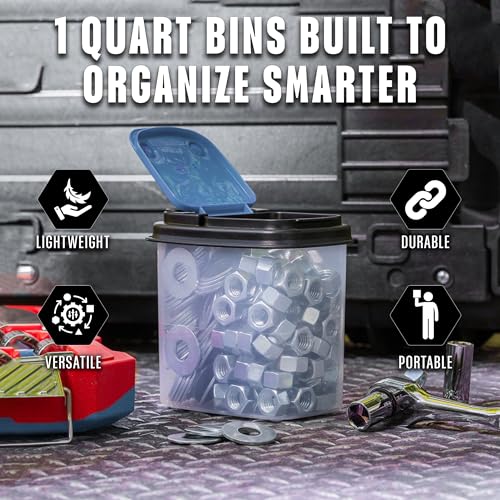 Image of Buddeez Multi-Purpose Hardware Storage Bins Bits and Bolts Small Storage Containers, Hardware Organizers, Clear Containers With Blue Stackable Lids, Bolt and Screw Organizer (1 Quart - 12 Pack)