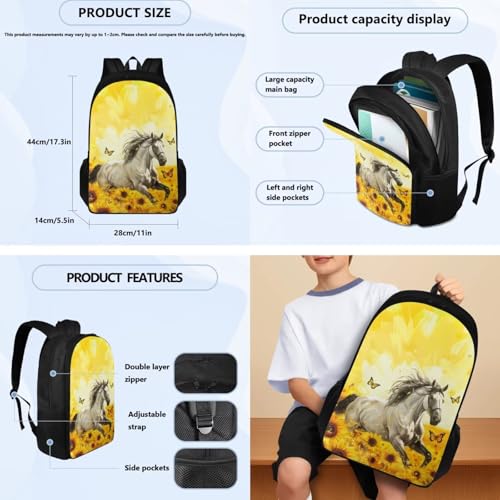 POLERO Yellow Sunflower Horse Backpack for Girls 10-12 Bookbag with Lunch Box Pencil Case Book Cover School Bag Set 4Pcs for Teen Back to School Travel3