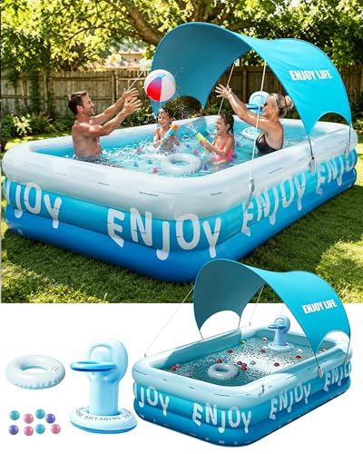 118x68x22 Inflatable Pool with Canopy Large Blow up Pool for Family Ideal for Garden Backyard Water Party