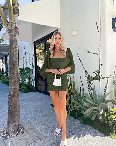 Wenrine Women's Mesh Long Sleeve Square Neck Ruched Party Club Cocktail Bodycon Mini Dress Army Green #TOP5