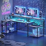Bestier 71.5 inch Computer Desk with Power Outlets, LED Home Office Desk with Long Monitor Stand, Large Corner Desk with Storage Shelf, Cup Holder & Headset Hooks L Shaped Desk