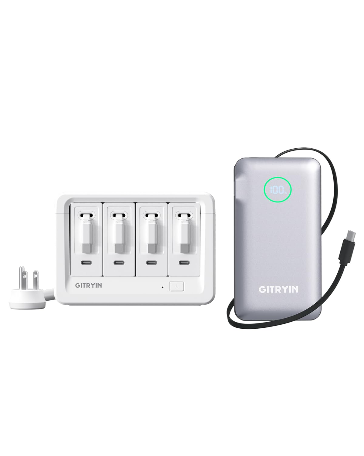 Gitryin 10000mAh Type-C Travel Power Bank and 12-in-1 Desktop Charging Station with 4 Type-C Retractable Wall Chargers