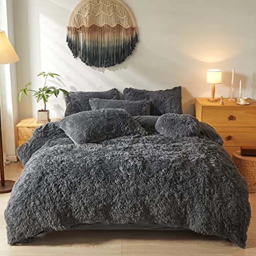 Faux Fur Fluffy Dark Grey Comforter Cover Twin Set – Plush Faux Fur Dark Grey Bedding 2-Piece Set (1 Furry Duvet Cover + 1 Shaggy Pillow Sham) Cozy Bed Set