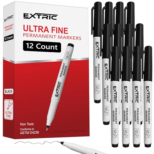 EXTRIC Permanent Markers Ultra Fine Tip, Black, 12 Pack, Quick Drying, Waterproof, Fade Resistant Artist Markers for Wood, Plastic, Metal, Paper & More, Fine Line Drawing, Coloring