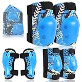 Tai Fook Hee Conjuntos de Patinajes Protecciones Ajustable Infantiles Set con Ajustables Rodilleras y Coderas para Skate Bicicleta Monopatín para 3 a 13 años (Azul, M)