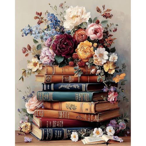 Pintura Acrilica por Números para Adultos y Principiantes, Libros antiguos de acuarelas, Acuarela Painting by Number Kit con 3 Pinceles, Libros florales, decoración para el hogar 40x50cm Sin Marco