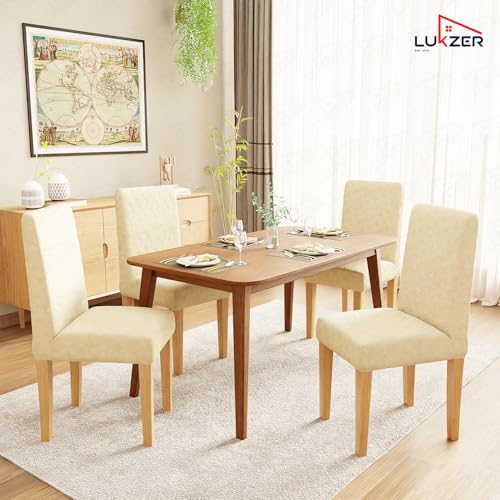 Image of Lukzer Elastic Dining Chair Cover - 6PC Pastel Yellow Basket Weave | Textured High Stretch Jacquard Seat Cover | Removable Washable Short Dining Chair Cover Protector Seat Slipcover | (CC-112-06)
