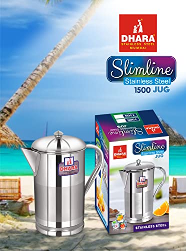 Image of Dhara Stainless Steel 1.5L Water Jug with Lid, Slim Steel Jug for Dining Table Water Serving, Leakproof, Rust Resistant Easy Pour Slimline Pitcher