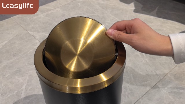 Image of Brushed Brass Garbage can,Bathroom Trash can with lid,Modern Small Trash Can with Flipping Lid, 9 L,Garbage cans for Bathroom, Kitchen,Bedroom, Metallic Gold (Black(Double))