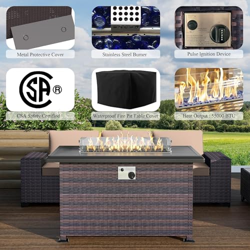 Image of 10 PCS Outdoor Patio Furniture Set,Outdoor Sectional Furniture with 43 inch 55000 BTU Gas Propane Fire Pit Table,All Weather PE Rattan Wicker Patio Conversation Set,Swivel Rocking Chairs Set,Sand