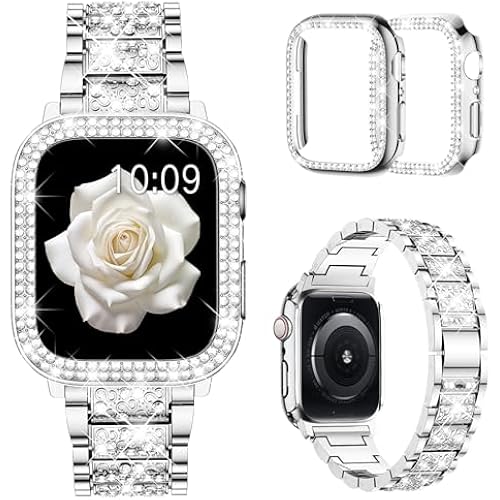 Mosonio Bling Bands for Apple Watch Women and 2P Case,Metal Band for iwatch
