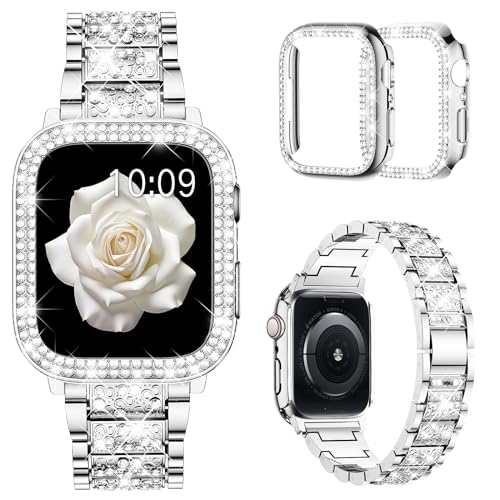 Mosonio Compatible with Apple Watch Band 38mm with Case Women, Jewelry Replacement Metal Wristband Strap with 2 Pack Bling PC Protective Cover for iWatch Series 3/2/1(38mm, Silver) by Mosonio - Used condition - US$13.14