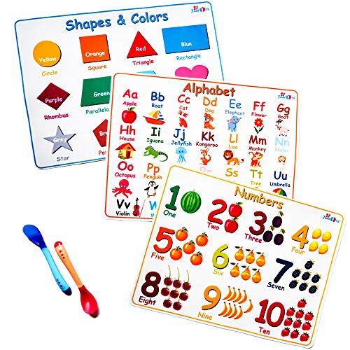 21Juniors Educational Silicone Kids Placemats - Portable Set of 3 : Alphabet, Numbers, Shapes & Colors - Non Slip and Washable with 2 Heat Sensitive Silicone Spoons for Baby