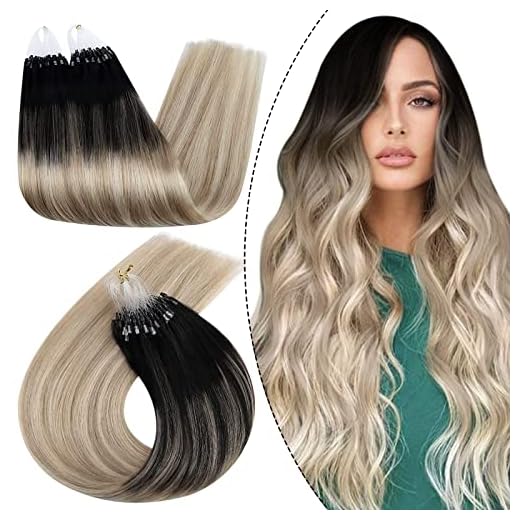Ugeat 24 Inch Microlink Hair Extensions #1B/18/60 Micro Loop Human Hair Extensions Balayage Black to Blonde Micro Loop Ring Real Human Hair 50 Grams