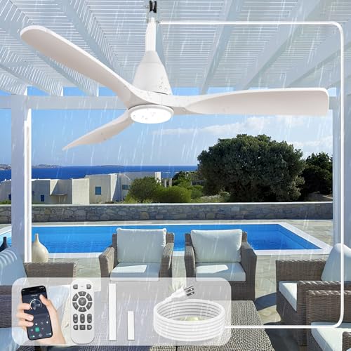 Image of Depuley Outdoor Ceiling Fan with Lights: 42 inch White Gazebo Fans Outdoor Hanging with Remote APP Control - Plug in Waterproof Fans with Light for Patio Porch Reversible White Blades 3CCT 6 Speeds Timer