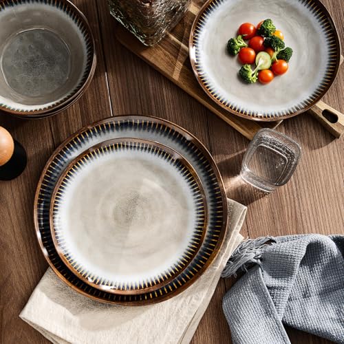 Gufaith Melamine Dinnerware Set, 12 Pcs Dishware Sets, Plate and Bowl Set Service for 4, Lightweight and Unbreakable Dinnerware Sets for Camping, Great for RV, Dishwasher Safe, Sahara Beige and Blue