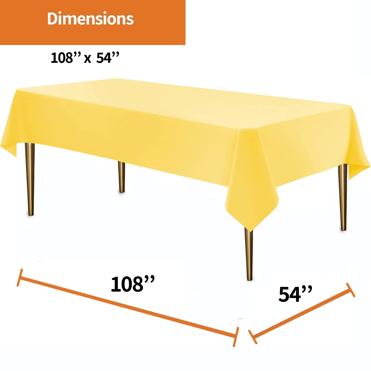 Gelbe Einweg-Kunststoff-Tischdecke für rechteckige Tische (48 Stück) Premium-Dekorative Tischdecke für Partys, Veranstaltungen und Hochzeiten, drinnen und draußen, 137,2 x 274,3 cm