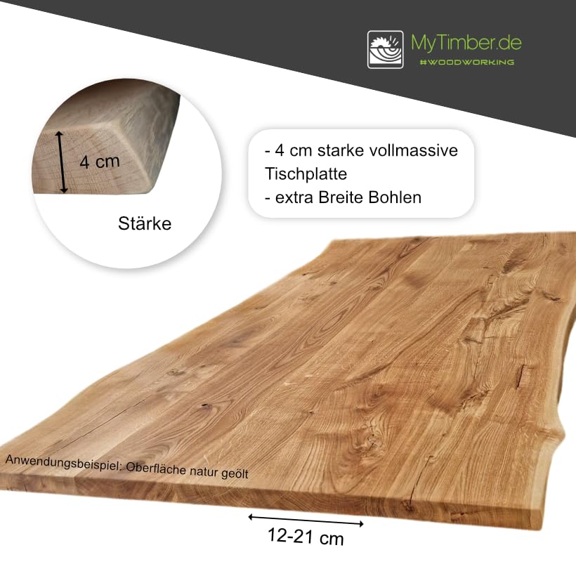 MyTimber® Tischplatte Eiche Massivholz Platte aus Echtholz | Baumkante oder gerade Kante | Naturbelassen oder geölt | Ein Hingucker für jeden Raum (Baumkante - geölt, 220x100cm)