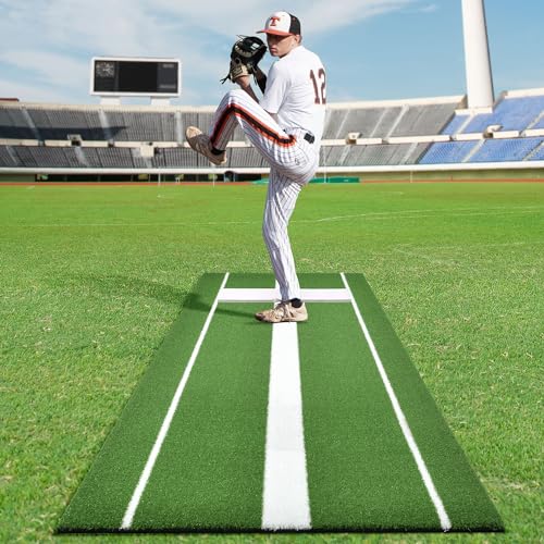Shopsource Softball Pitching Mat, 10 x 3 FT Baseball Training Surface, Upgraded Anti-Slip With Stitched Embroidery Turf, Soft Rubber Mound for Indoor Outdoor