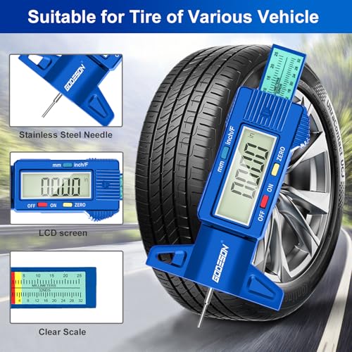 Image of GODESON Tire Tread Depth Gauge, Digital Tire Tread Depth Gauge with 3 Modes-Fractional Inch,Blue Tire Depth Gauge with Color-Coded Bar,Tread Depth Gauge Suitable for All Vehicle Tires