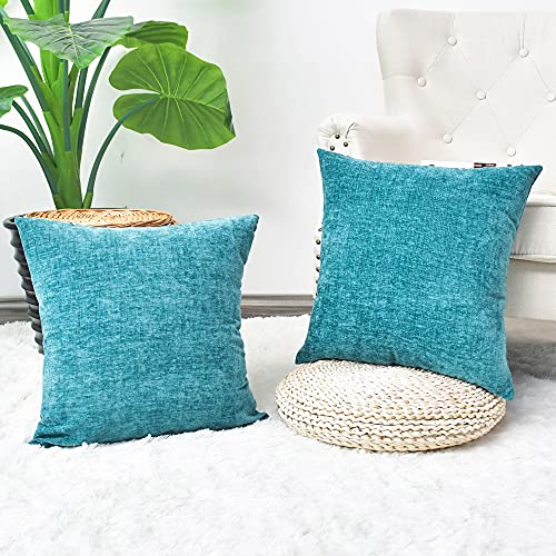 Image of CaliTime Pack of 2 Cozy Throw Pillow Covers Cases for Couch Sofa Home Decoration Solid Dyed Soft Chenille 12 X 12 Inches Lake Blue