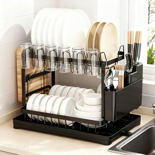 MFUSUL Escurreplatos, Acero Inoxidable Escurridor de Platos de 2 Niveles Gran con Soporte para Utensilios y Portavasos, Escurridor de Platos para Fregadero, 360° Automático, Negro