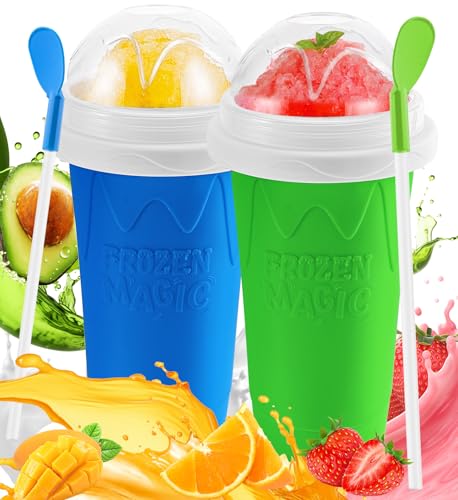 Slushie Cup, 2 Pack DIY Magic Slushy Maker Cup, Portable Frozen Slushy Cups for Juice Milk Yogurt Ice Cream Make, Reusable Smoothie Cup with Lid & Straw for Kids Family Friends (Blue+Green)