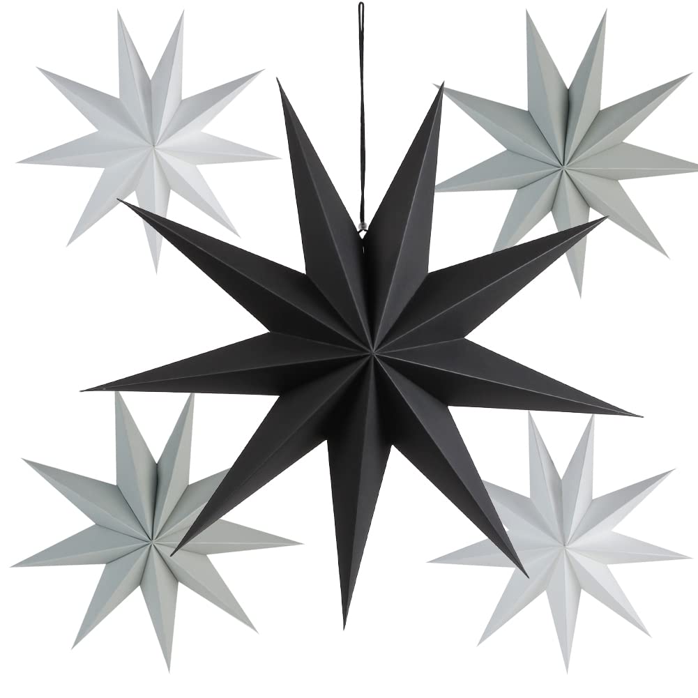 FETETIJD 9 Pointed Paper Star Decorations Lanterns Hanging Black and White Christmas Xmas Wedding Baby Shower Party Decorations 5 Pcs(Black grey white)