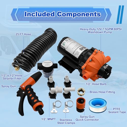 Image of 7.5 GPM 80 PSI Washdown Deck Wash Pump Kit, 12V Washdown Pump Kit with Strainer and Pressure Switch for RV,Boat,Sprayer,Travel Trailers,and Yacht -Freshwater Saltwater