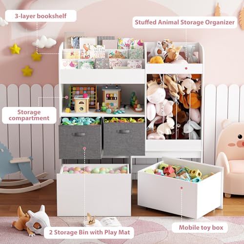 Image of 42.9'' Toy Storage, Large Stuffed Animal Holder with Toy Chest and Play Mat, Toy Organizer with Kids Bookshelf, Wooden Organization with 2 Movable Drawers for Kids Room Bedroom Playroom,White