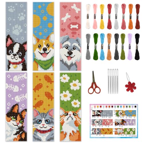 Image of INFUNLY 6PCS Dogs Cats Cross Stitch Bookmark Kit for Beginners 8.66 inchx3.15 inch Animals Stamped Embroidery Bookmark Kit Pet Needlepoint Bookmark Kit with Instruction for Book Lovers Reader Writers