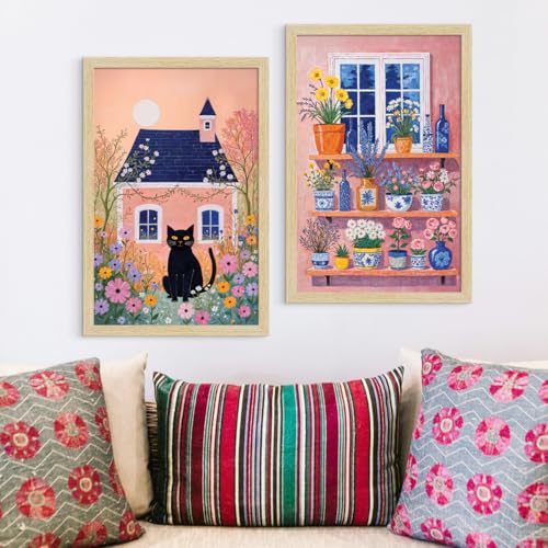 Image of ArtX Paper Boho Cat Art Paintings with Frame for Home Decor, Abstract Wall Painting for Living Room, Multicolor, Natural Wood Color Frames, 12.0 x 18.0 inch, Set of 2