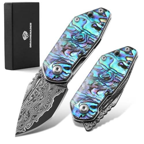 DRACHENADER Abalone Knife Small Damascus Pocket Knife for Women and Men Japanese Keychain Mini Pocket Knife Folding VG10 67 Layers Damascus Steel, birthday Gift Box Included