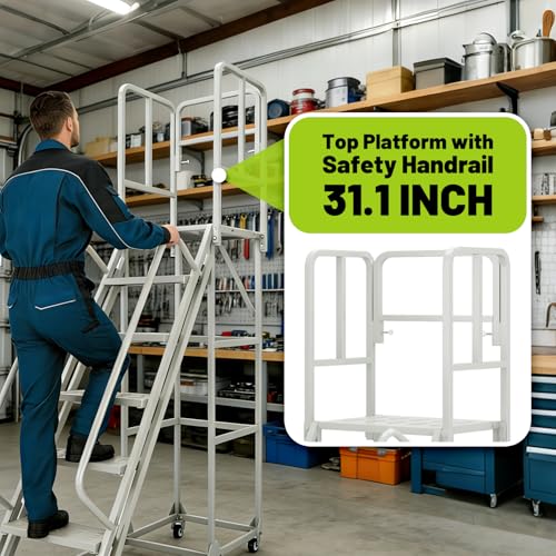 Hymula 7-Step 23.3\"W x 102.5\"H Rolling Ladder with Handrails, Non-Slip Platform, Lockable Wheels, 1500LBS Capacity, Industrial & Warehouse Stairs, Easy to Move,Stable for Library, Supermarket, Garage