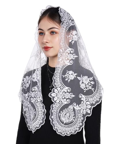 Bozidol Veils for Church Catholic, Triangle White Immaculate Heart of Mary With Flower Embroidered Lace Mantilla Chapel Veil, Religious Prayer Latin Mass Head Coverings for Women
